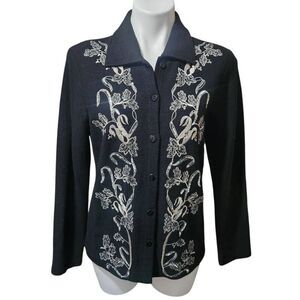 Jones New York Collection wool button front cardigan sweater black silver small